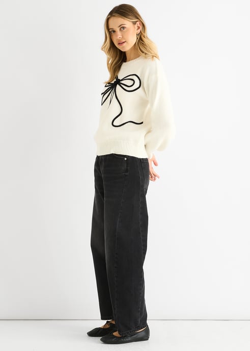 Cream Contrast Bow pattern oversized Jumper - Image 3