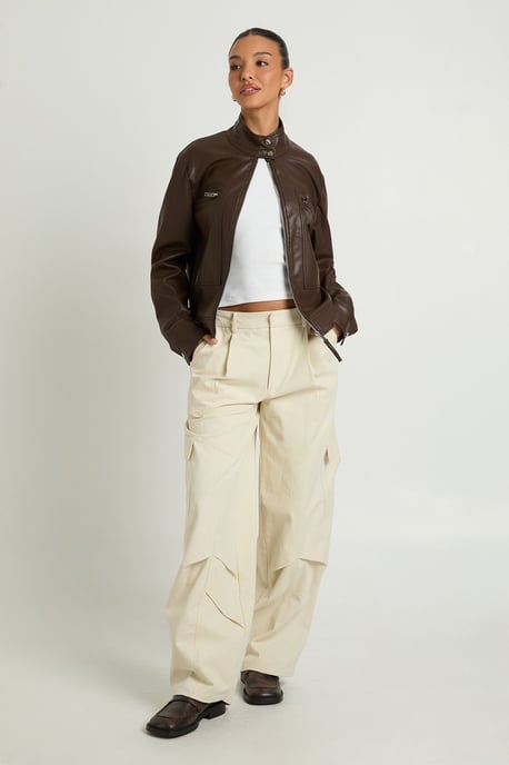 Faux Leather Button Up Collar Zip Pocket Jacket - Image 3