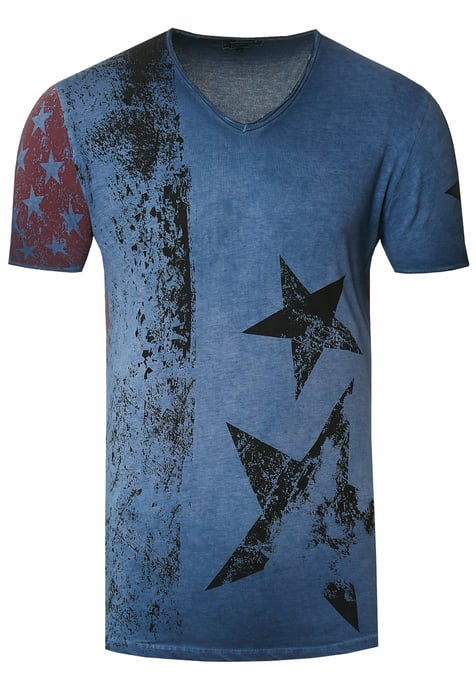 USA T-shirt met sterren en strepen en V-hals in gebruikte look - Image 1