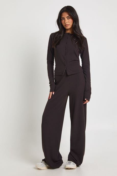 Tall Rib Button Through Long Sleeve Top and Wide Leg Trouser Co-ord - Image 1