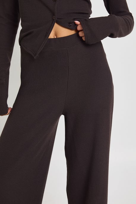 Tall Rib Button Through Long Sleeve Top and Wide Leg Trouser Co-ord - Image 4