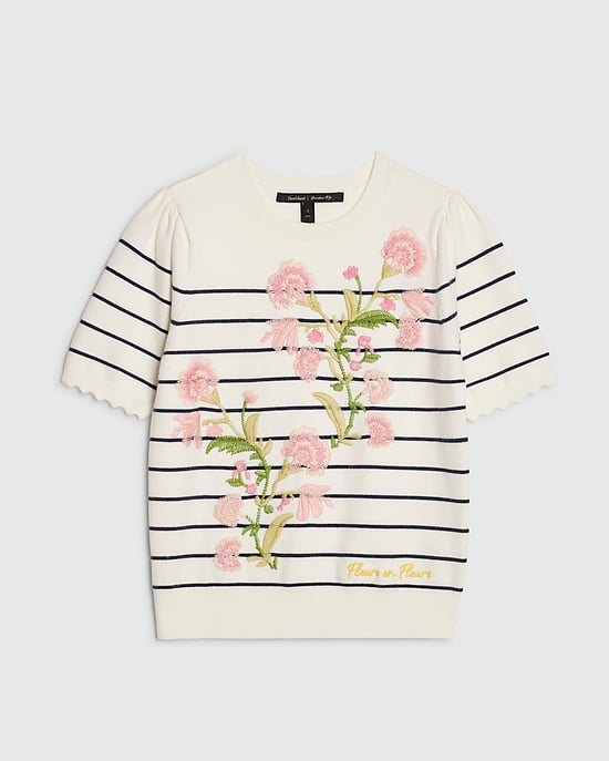 River Island Womens T-Shirt White Stripe Floral Embroidered Knit - Image 6