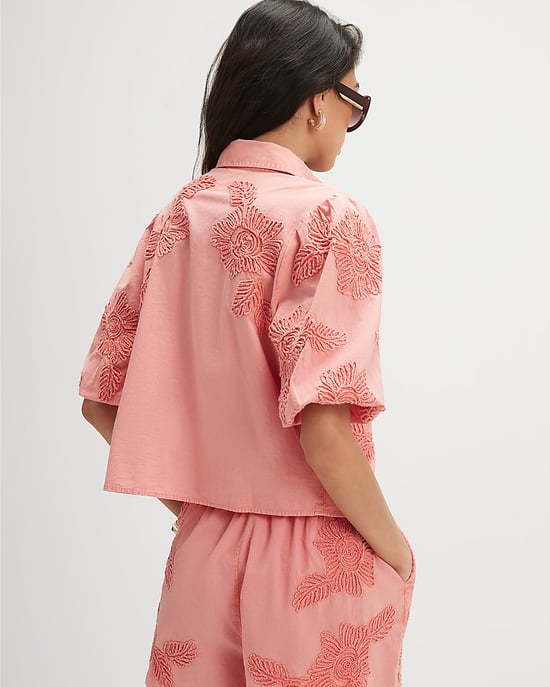 River Island Womens Shirt Pink Cotton Puff Sleeve Cornelli Collared - Image 3