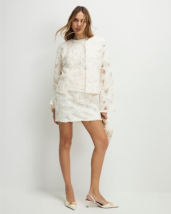 River Island Womens Jacket Cream Long Sleeve 3D Floral Round Neck - Image 2