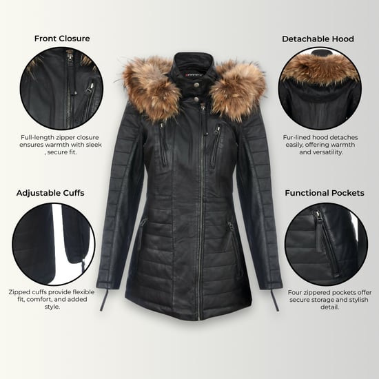 Zwarte gewatteerde leren parka voor dames - Winton - Image 3
