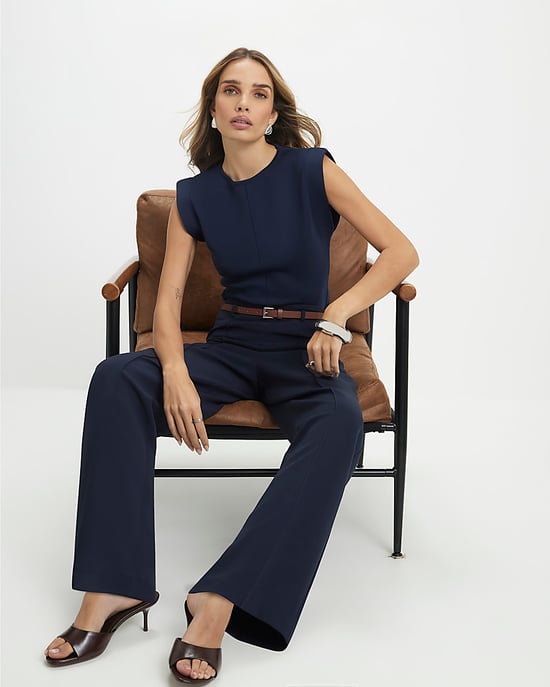 River Island Womens Straight Leg Trousers Navy Belted Side Zip - Image 2