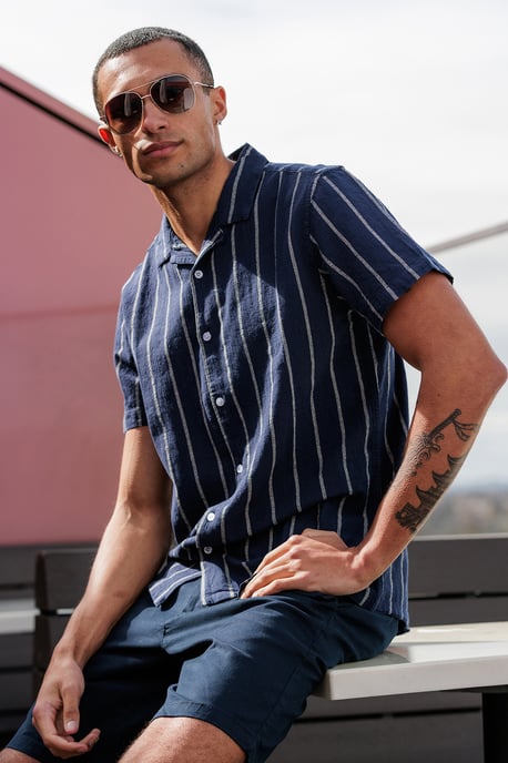 Navy Striped Revere Collar Shirt - Image 1