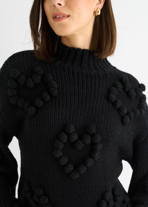 Svart Heart Bubble Chunky Stickad Jumper med hög hals - Image 2