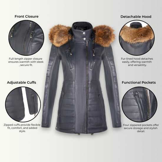 Dames blauwe gewatteerde leren parka-jas - Winton - Image 3