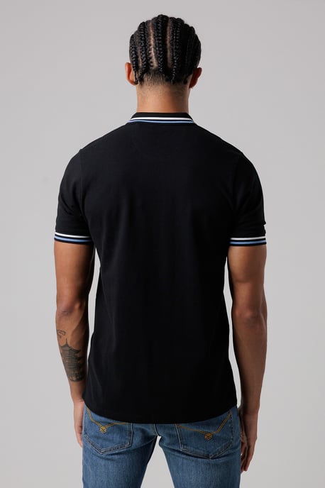 Black Regular Fit Cotton Button Polo Shirt With Stripe Detail - Image 2