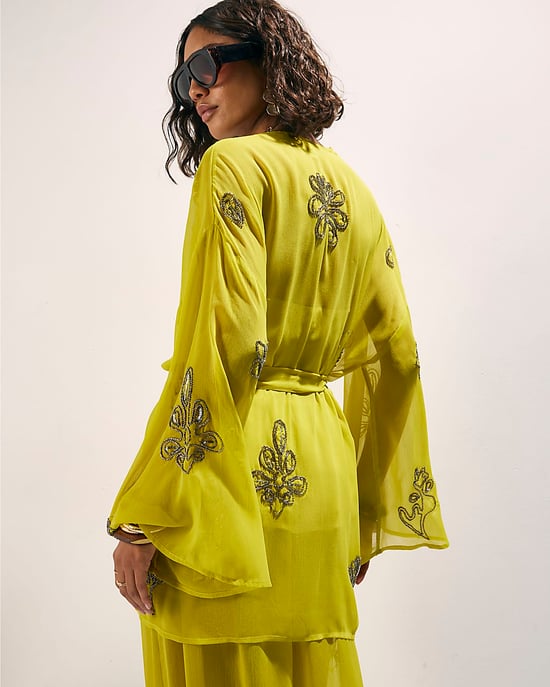 River Island Womens Kaftan Yellow Embellished Long Belted Sleeve - Image 2