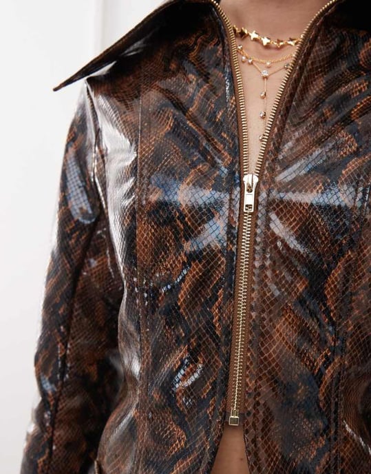 Labelrail x Jennifer McKing snakeskin fitted flare sleeve blazer co-ord in brown - Image 3