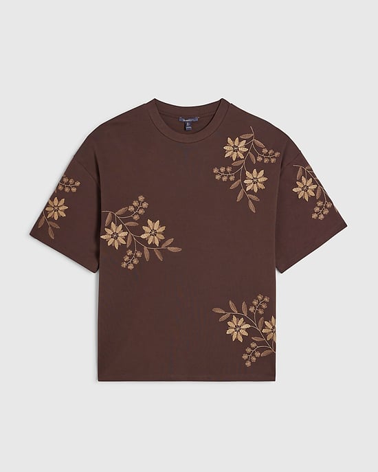 River Island Mens T-Shirt Brown Oversized Fit Floral Crew Neck - Image 6