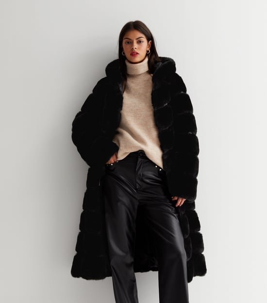 Panelled Hooded Longline Fur Coat - Image 3