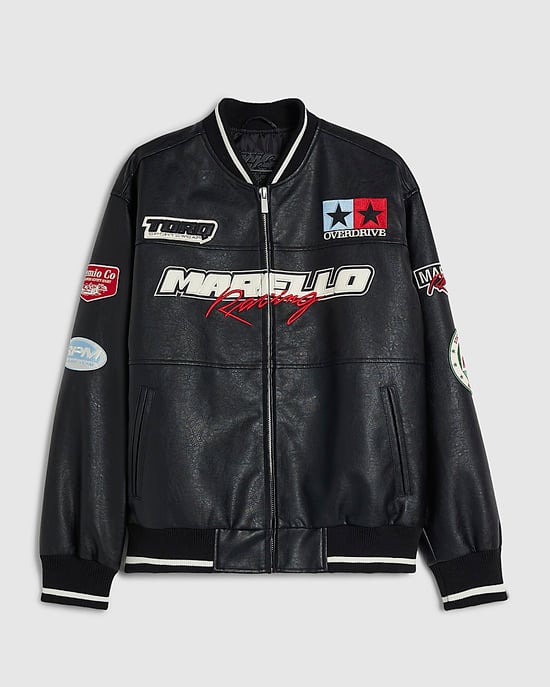 River Island Mens Bomber Jacket Black Faux Leather Motocross - Image 6