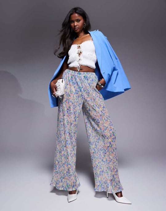 ASOS LUXE co-ord wide leg plisse mesh floral trouser - Image 1