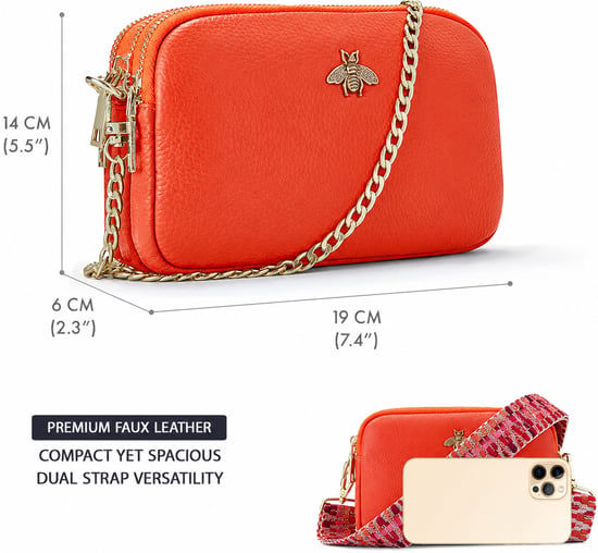 Ladies Crossbody Bag With Wide Strap, Chain And Wristlet in Orange - Image 3