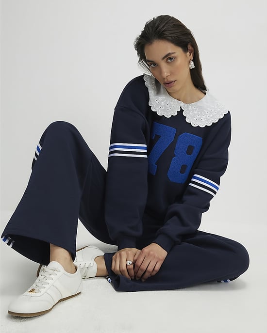 River Island Womens Sweatshirt Navy '78' Long Sleeve Collared - Image 2