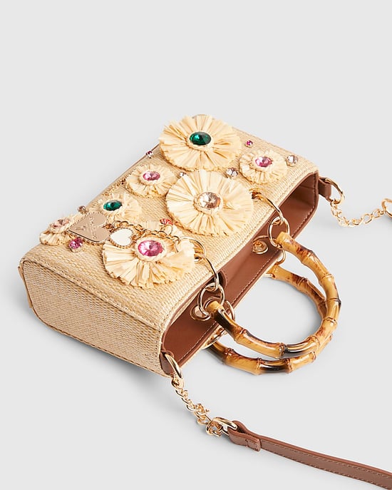 River Island Womens Tote Bag Beige Raffia Gem Flower Popper - Image 3