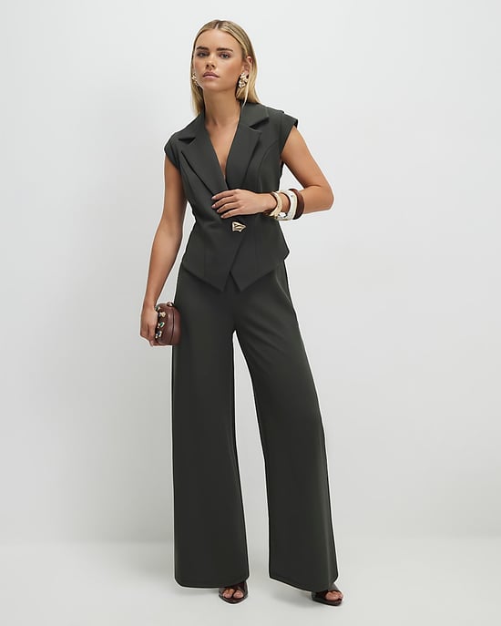 River Island Womens Jumpsuit Petite Green Cap Sleeve Wide Leg V-Neck - Image 3