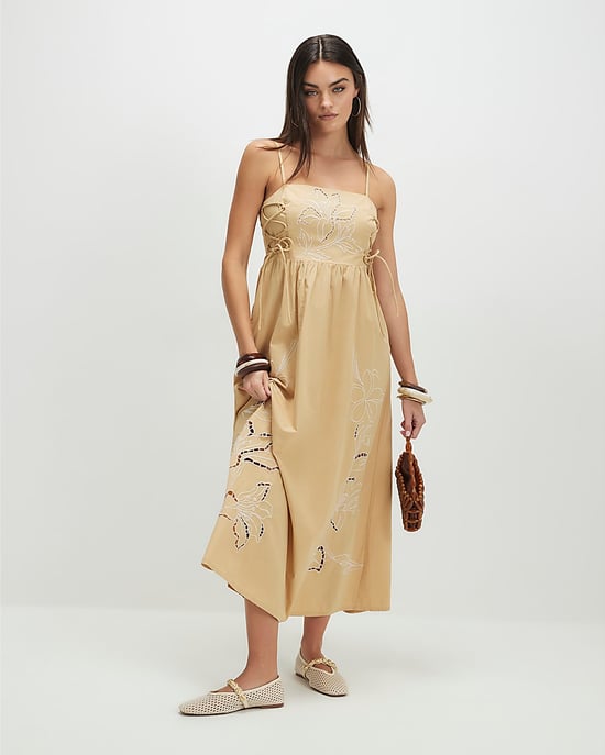 River Island Womens Midi Dress Beige Cotton Broderie Tie Side - Image 2