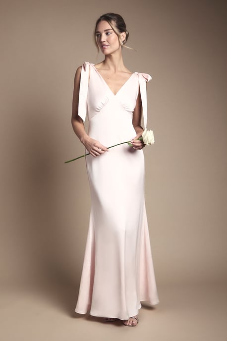 Coast Honoured Satin Back Crepe V Neck Tie Shoulder Maxi Bridesmaid Dress - Image 1