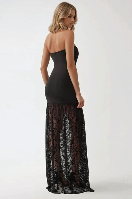 Utan axelbands maxi bodycon klänning med spetsdetaljer - Image 3