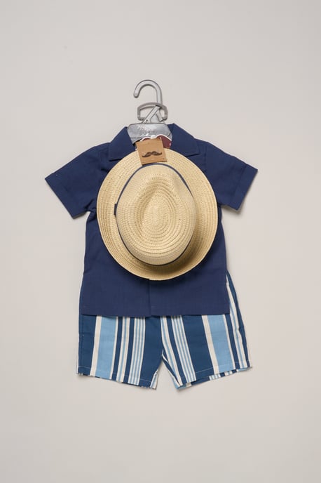 Woven Shirt, Stripe Shorts and Fedora Hat - Image 2