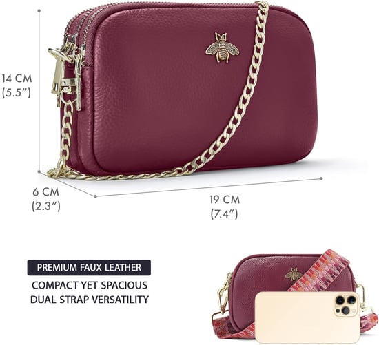 Ladies Crossbody Bag With Wide Strap, Chain And Wristlet in Burgundy - Image 3