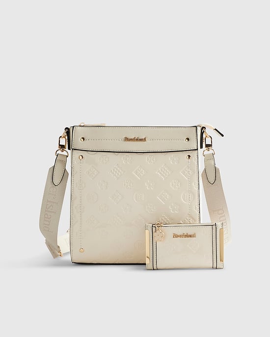 River Island Womens Messenger Bag Cream Embossed Monogram Bundle Zip - Image 1