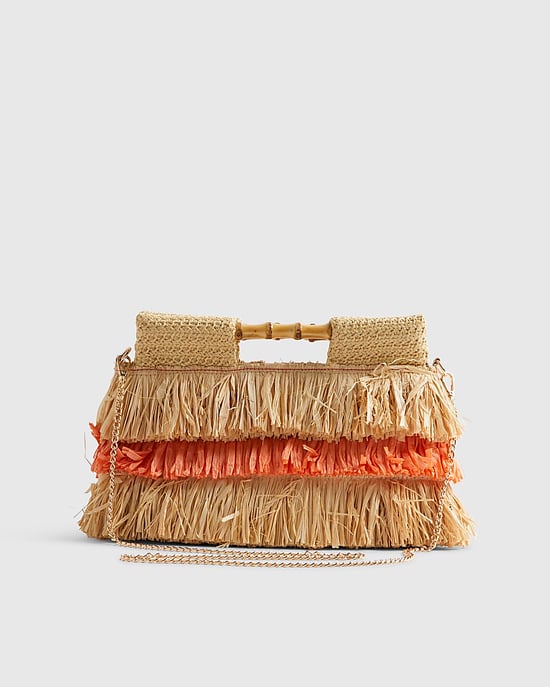 River Island Womens Clutch Bag Orange Stripe Raffia Handle Popper - Image 4