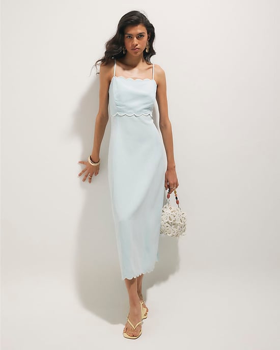 River Island Womens Midi Dress Blue Linen Blend Scallop Trim Zip - Image 1