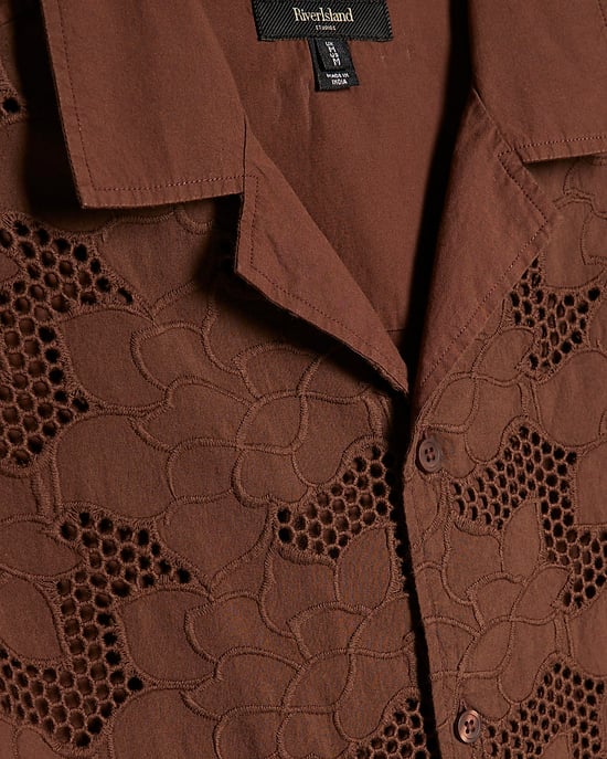 River Island Mens Shirt Brown Boxy Fit Lace Fabric Short Sleeve - Image 5