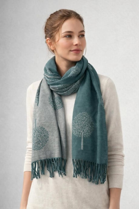 Tree Print Cashmere Blend Scarf With Tassels in Green - Image 1