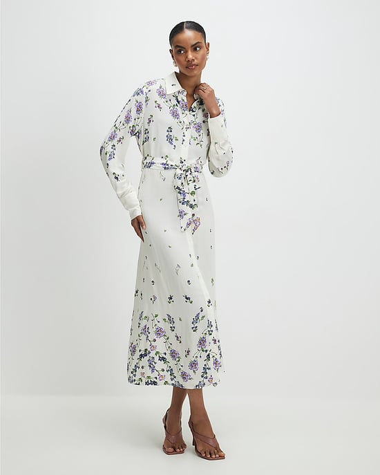 River Island Womens Midi Shirt Dress White Floral Long Sleeve - Image 1