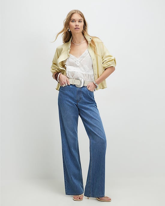 River Island Womens Straight Leg Jeans Blue Stripe Relaxed Embroidered - Image 1