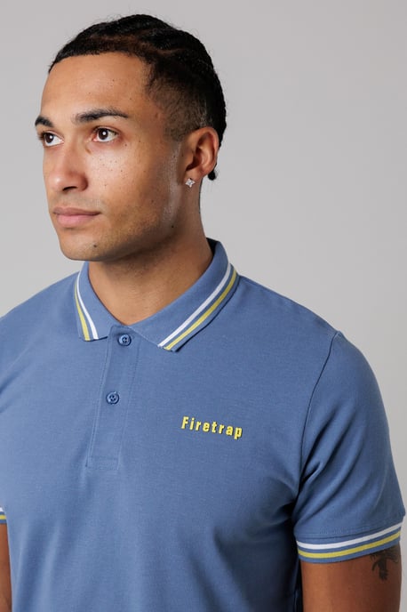 Mid Navy Regular Fit Cotton Button Polo Shirt With Stripe Detail - Image 3