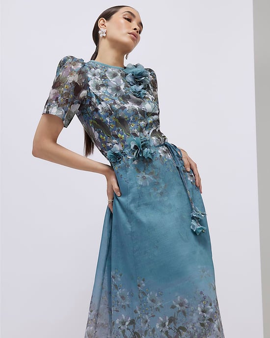 River Island Womens Midi Dress Blue Floral 3D Corsage Short Sleeve - Image 3
