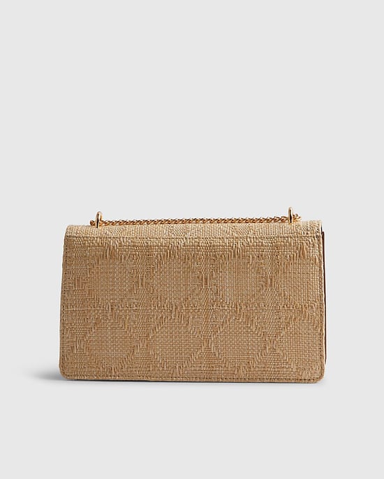 River Island Womens Shoulder Bag Beige RR Panelled Raffia Popper - Image 3