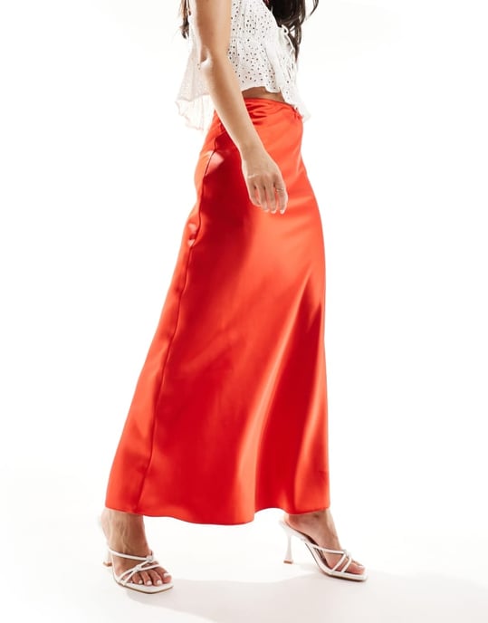 Miss Selfridge satin trim detail bias maxi skirt in red - Image 3