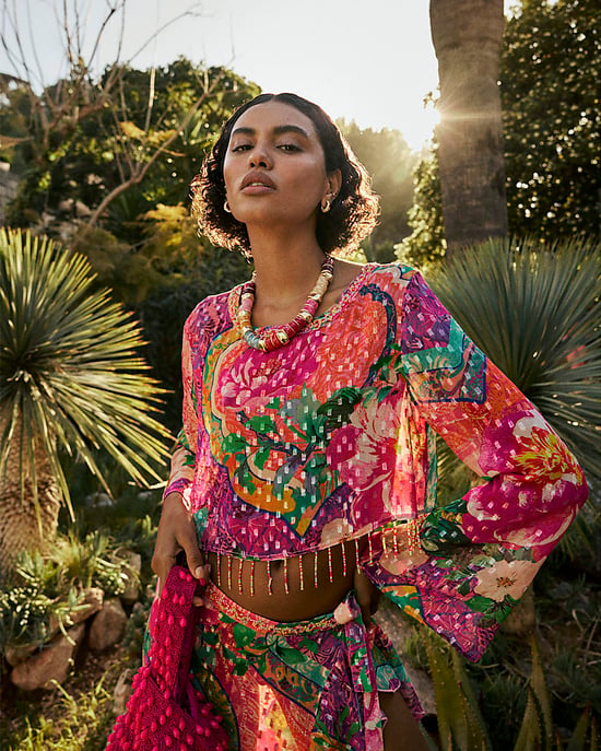 River Island Womens Crop Top Pink Beaded Fringe Beach Floral Del Maar - Image 4
