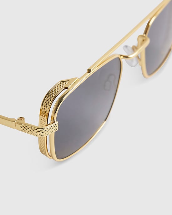 River Island Mens Rectangle Sunglasses Gold Flat Top Black Lenses - Image 2
