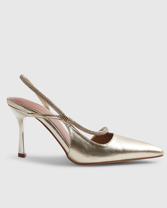 River Island Womens Court Shoes Gold Diamante Slingback Strap Heels - Image 1