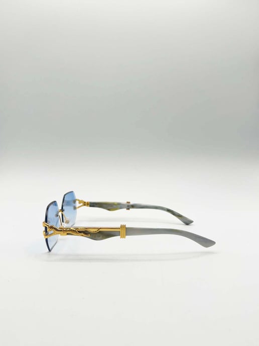 Rimless Oval Geometric Sunglasses in Gold Blue - Image 5