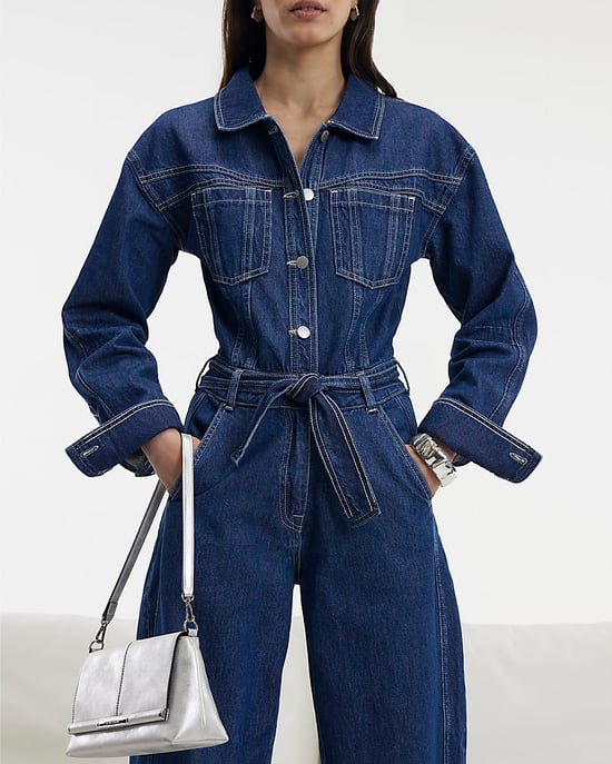 River Island Womens Jumpsuit Blue Utility Belted Barrel Leg Denim - Image 2