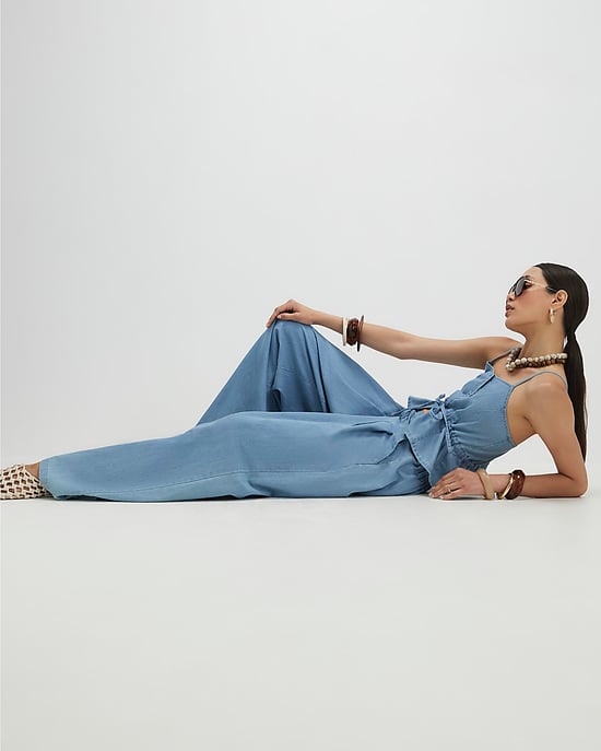 River Island Womens Wide Leg Trousers Blue Denim Look Drawstring - Image 4