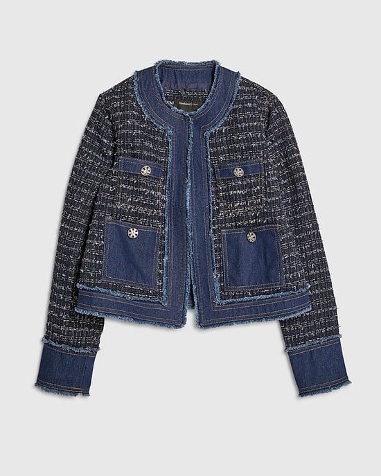 River Island Womens Denim Jacket Blue Boucle Fabric Collarless - Image 6