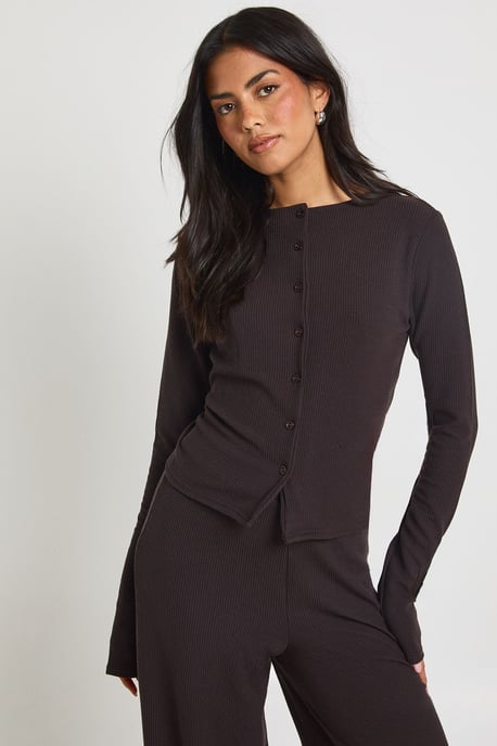 Tall Rib Button Through Long Sleeve Top and Wide Leg Trouser Co-ord - Image 3