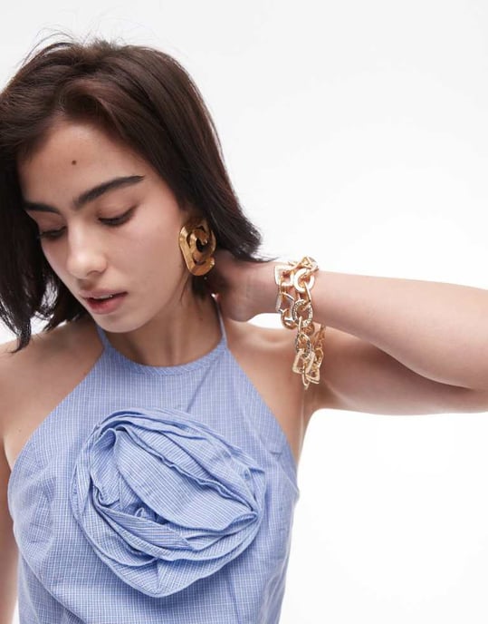 Topshop micro check corsage halter top in blue - Image 3