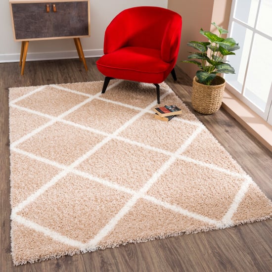 Muratap Madrid shaggy geruit vloerkleed creme hoogpolig- 120x170 cm - Image 1